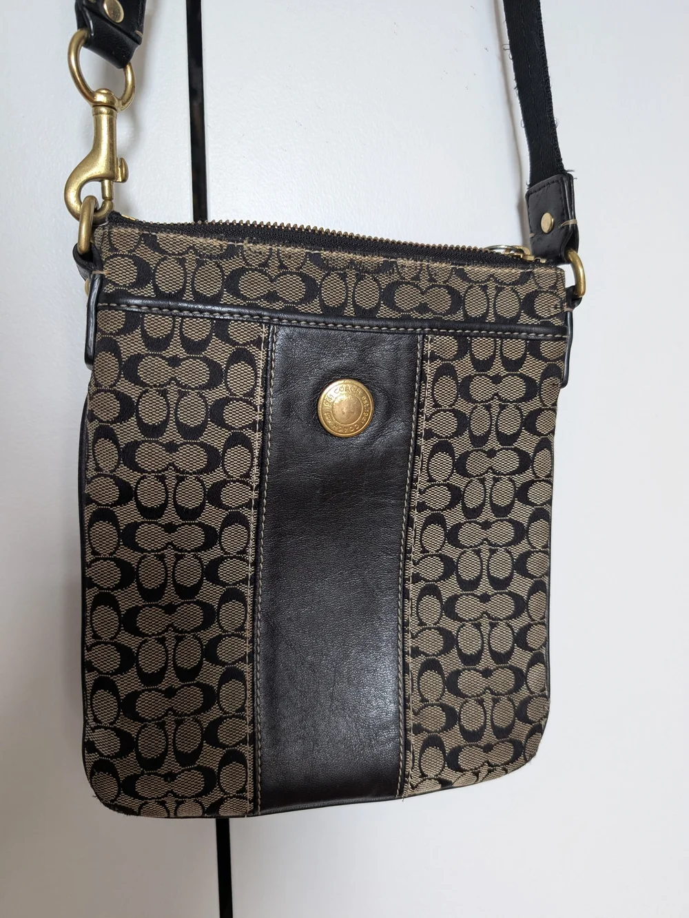 Coach Signature Monogram Crossbody Bag in Canvas and Black Leather Adjustable